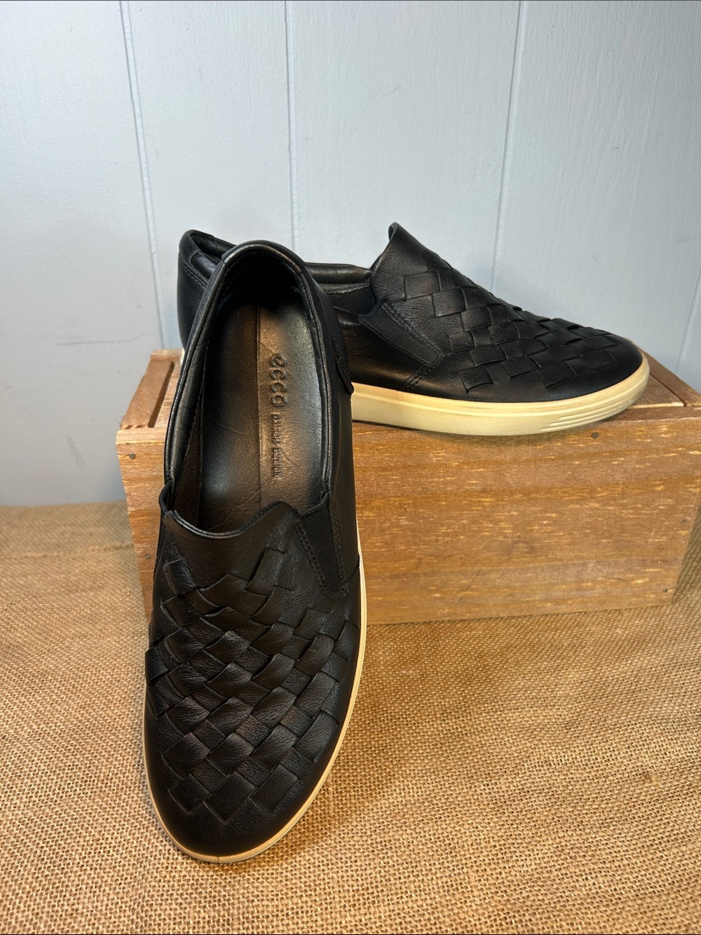 Ecco Black Woven Leather Slip-On Loafers with Cream Sole